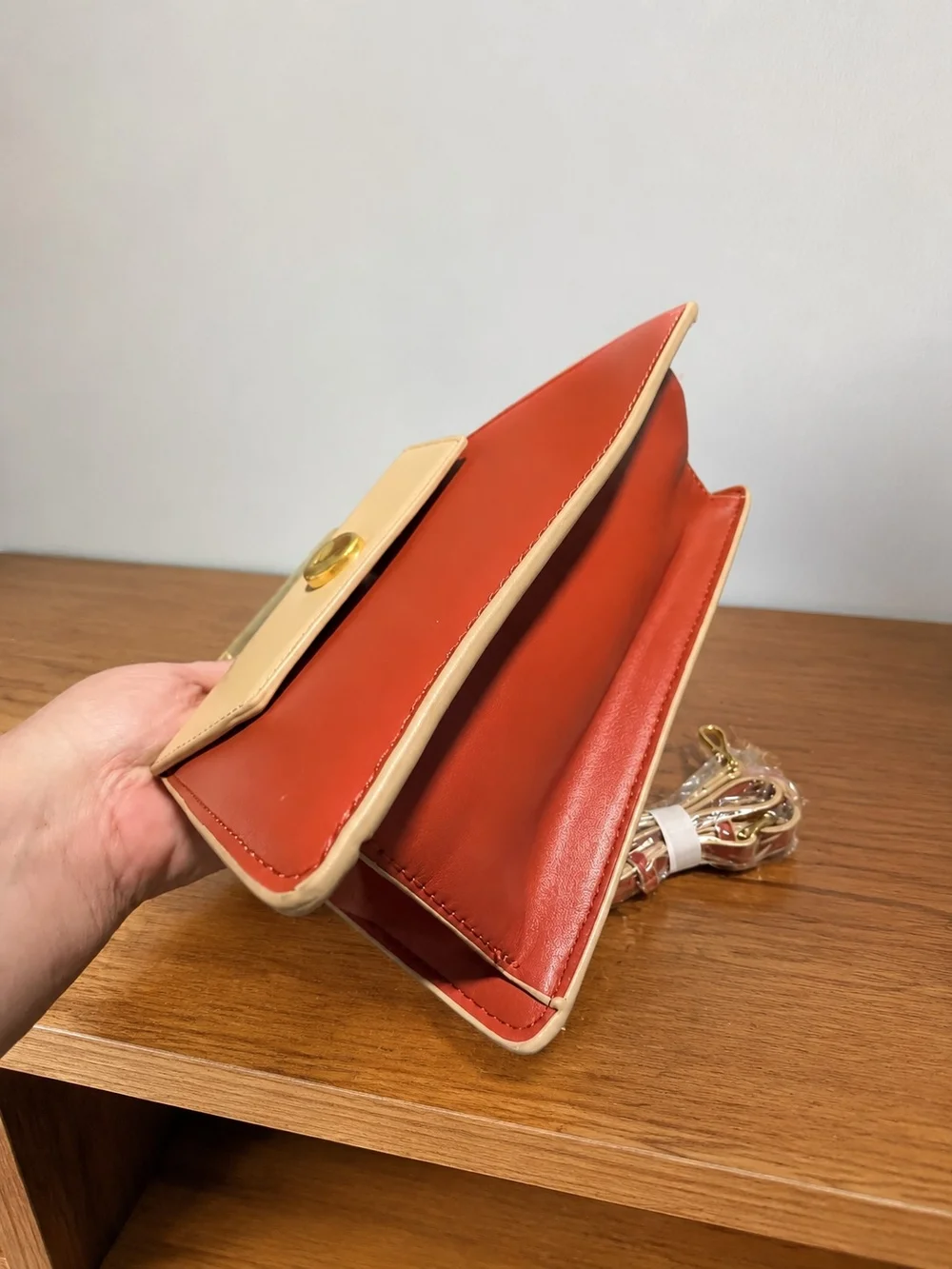 Two-Tone Rust and Beige Structured Top-Handle Satchel